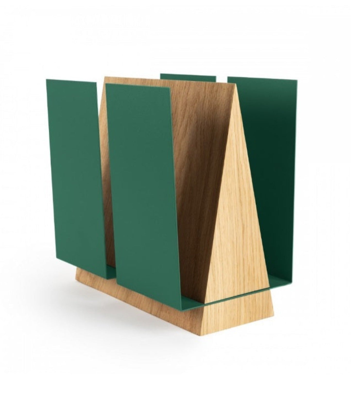 VINGER magasinholder. Eik, finer, pulverlakkert stål (grønn).