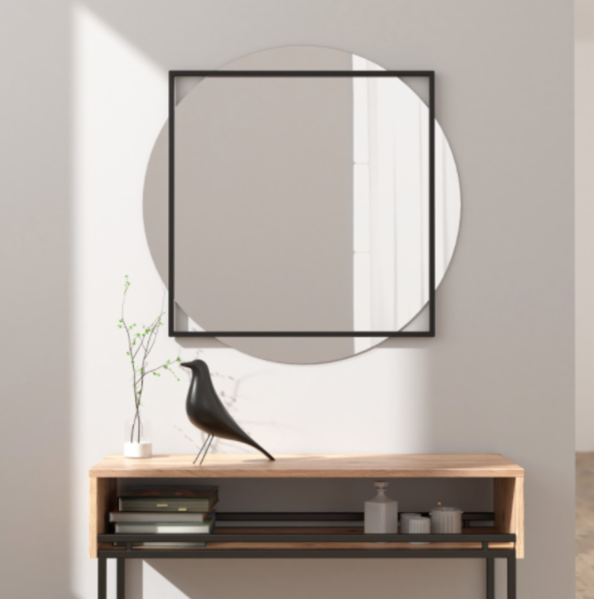 ILLUSJON veggspeil innrammet i en minimalistisk svart metallramme